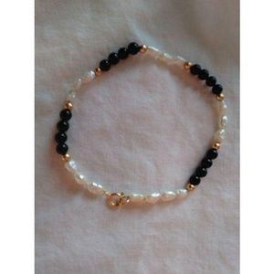 Bracelet 14K Gold Beads, Onyx Beads, Rice Pearls